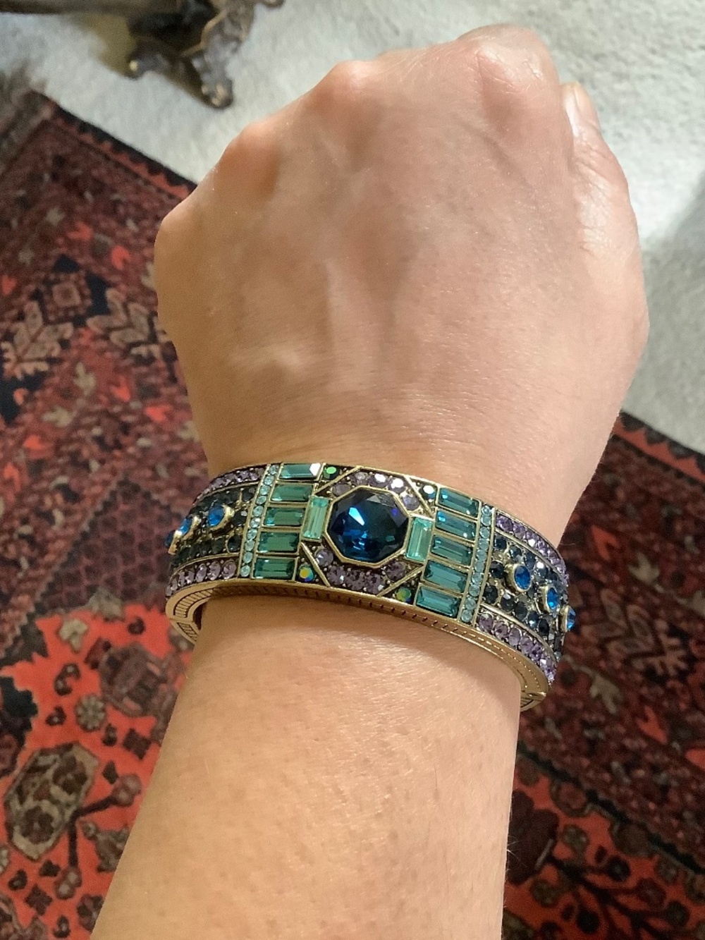 Heidi Daus Lavish Layers Art Deco Large Hinged Bangle Bracelet Blue Multi SZ M - Picture 12 of 12